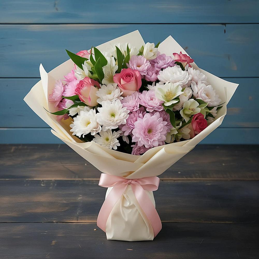 Букет цветов из: Хризантемы, Альстромерии и Розы в Приаргунске